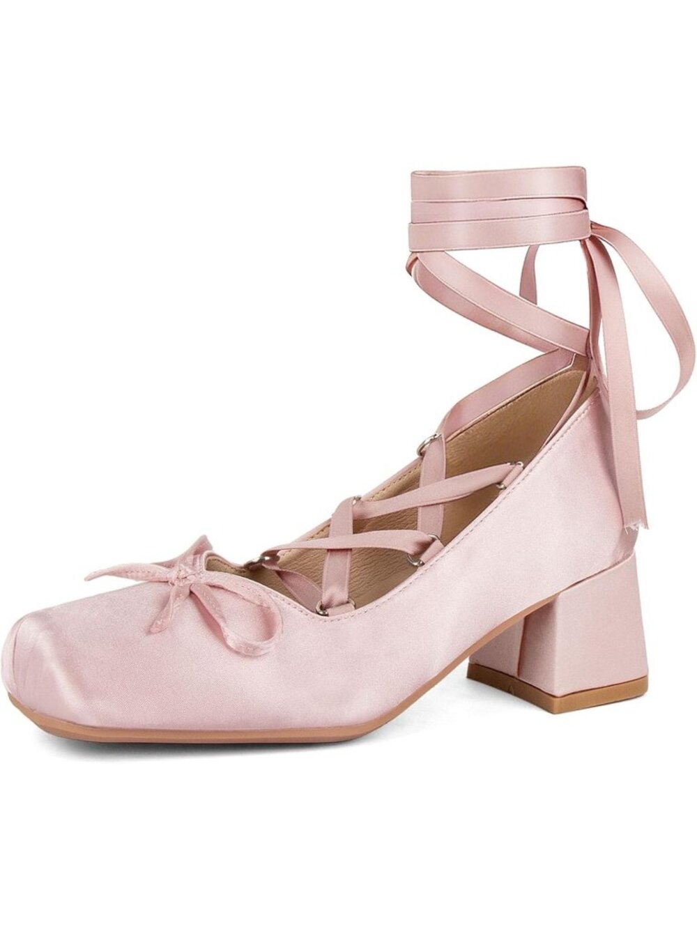 Women's Pink Chunky Block Heel Ribbon Pumps Square Toe Lace Up Ballet Heels